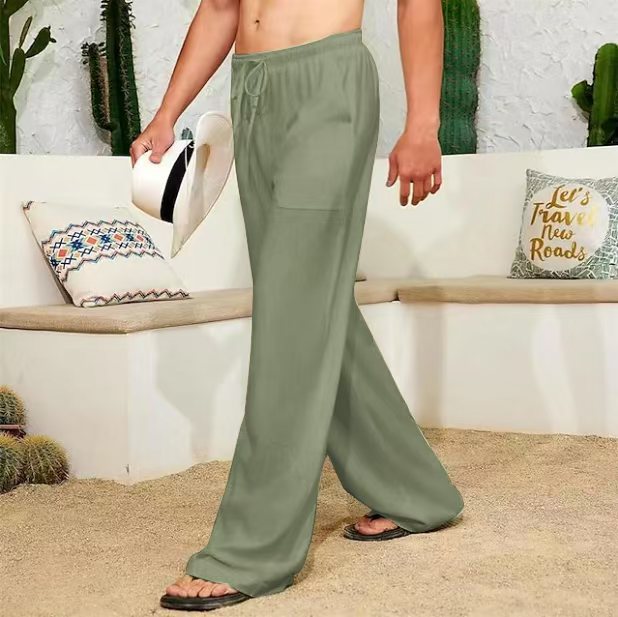 Herren weite Leinenhose mit Tunnelzug, aufgesetzten Seitentaschen und Relaxed-Fit – Sorevano