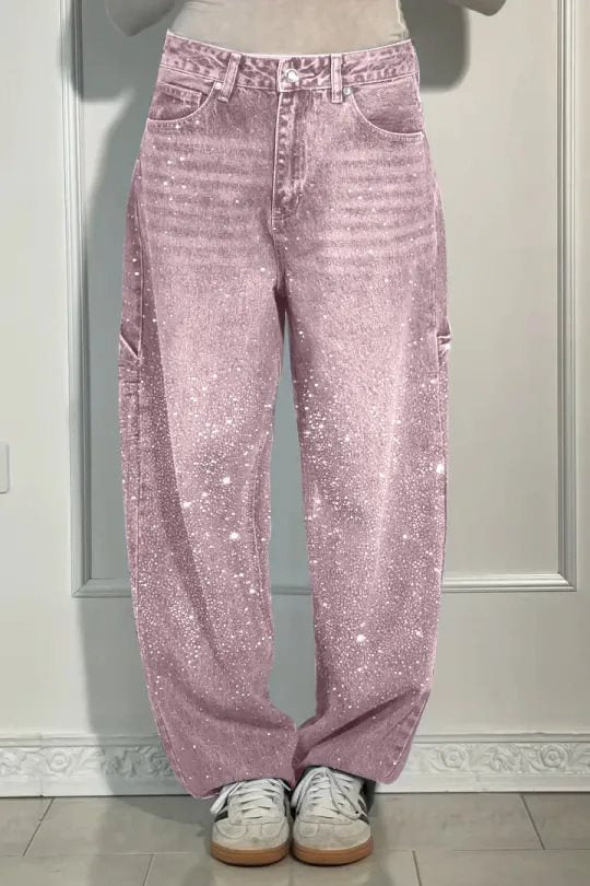 Damen High-Waist Jeans im weiten Cargo-Schnitt mit funkelndem Strassbesatz Echo Archiv
