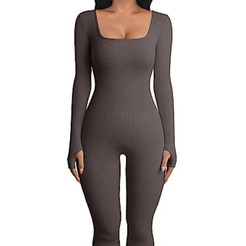 Damen nan figurbetonter gerippter Jumpsuit mit quadratischem Ausschnitt Echo Archiv