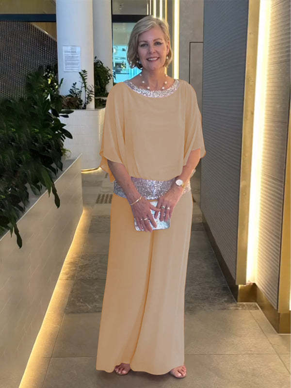 Damen Elegantes Zweiteiliges Abendensemble mit Chiffon-Cape, Paillettenbesatz und Palazzo-Hose – Élanora