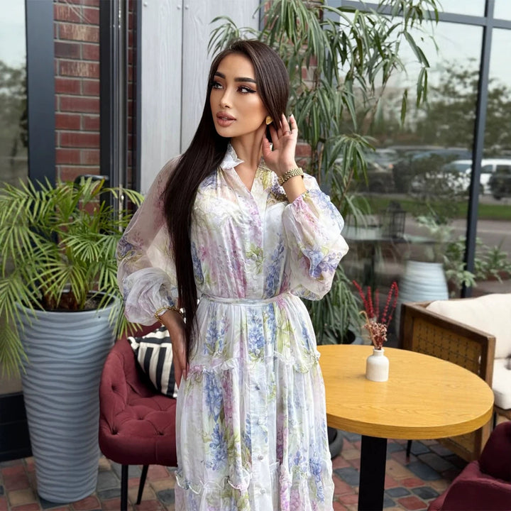 Damen Langes Chiffon-Stufenmaxikleid mit Volants & zarten Blumen-Print Echoarchiv