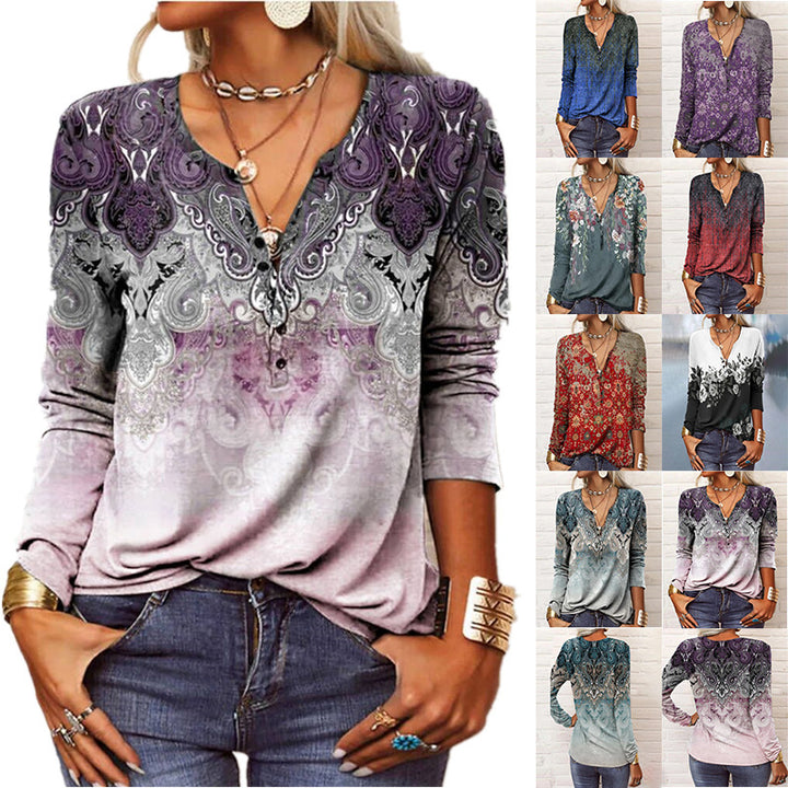 Damen Lockeres Langarm‑Henleyshirt mit V‑Ausschnitt, Knopfleiste und Ombre‑Print – Avérine