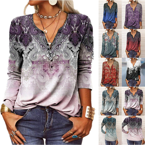 Damen Lockeres Langarm‑Henleyshirt mit V‑Ausschnitt, Knopfleiste und Ombre‑Print – Avérine