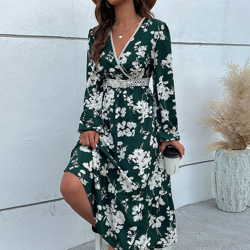 Damen Wickel-Midikleid im Boho-Stil mit Spitzenpasse, Häkel-Taillenband & seitlichem Beinschlitz Echoarchiv