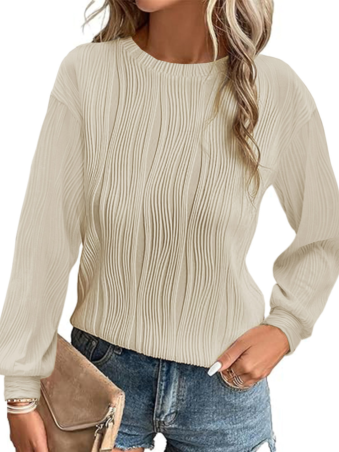 Damen Fein plissiertes Langarmshirt mit Rundhalsausschnitt und strukturierter Wellenoptik – Élovi