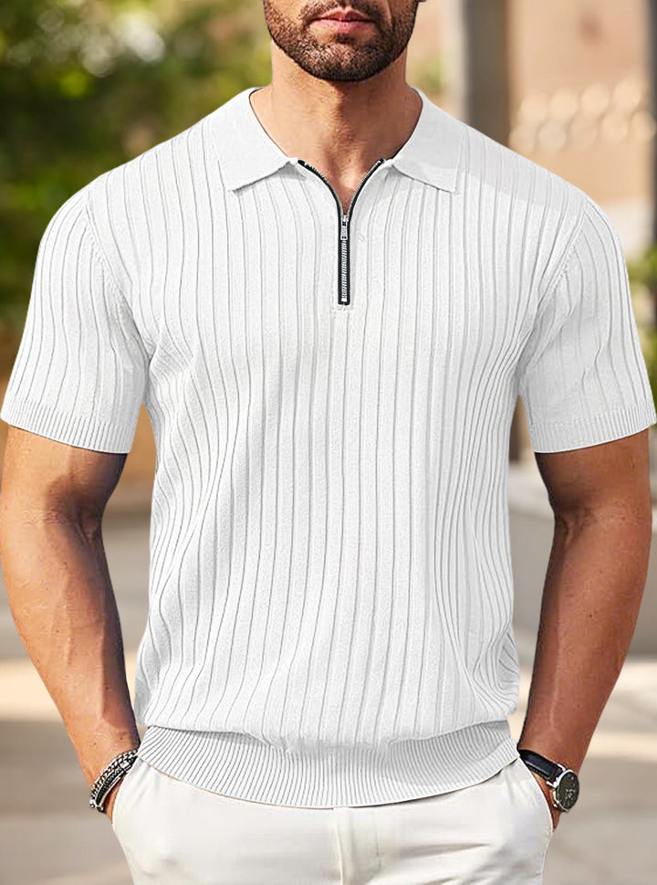 Herren nan elegantes strukturiertes Kurzarm-Strickpolo mit kurzem Metallreißverschluss und Hemdkragen Echo Archiv