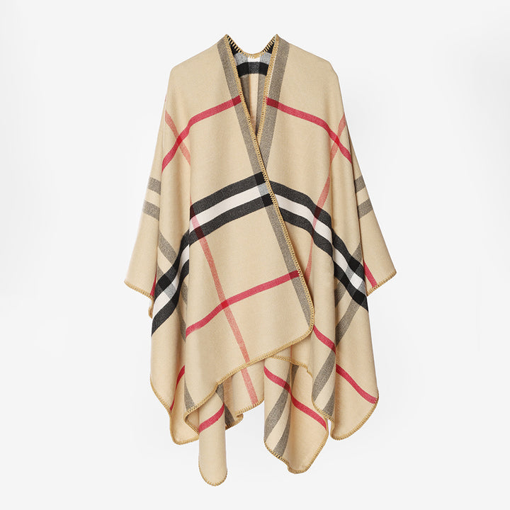 Damen Karierter Wollmix‑Poncho im Oversize‑Cape‑Schnitt mit Zierstichkante Echo Archiv