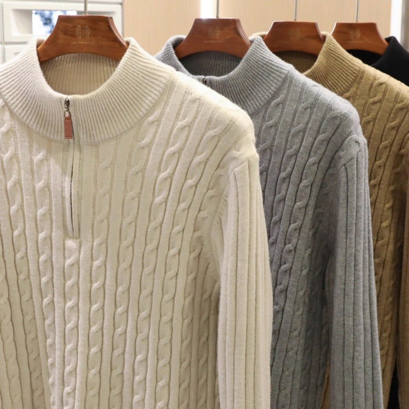 Herren Feinstrick-Pullover mit Zopfmuster und Halbzip-Stehkragen Echoarchiv