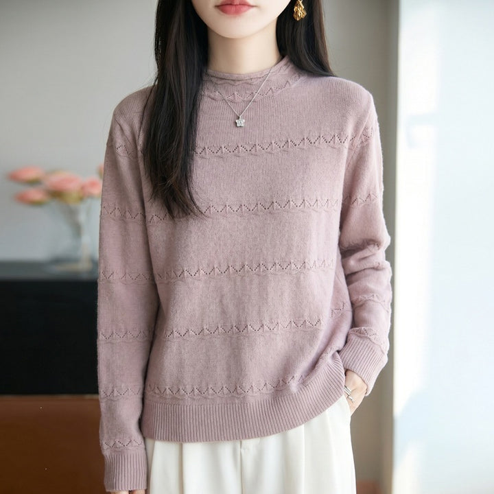 Damen Leichter Ajourstrick-Pullover mit kurzem Stehkragen und feinem Rippsaum Echoarchiv