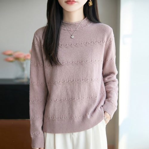 Damen Leichter Ajourstrick-Pullover mit kurzem Stehkragen und feinem Rippsaum Echoarchiv