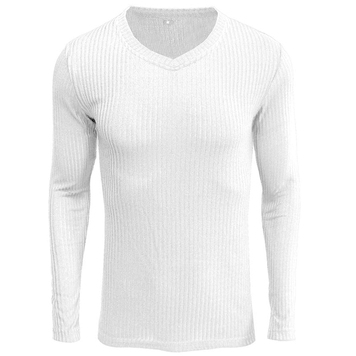 Herren V-Ausschnitt Langarmstrickpullover mit geripptem Design Echoarchiv