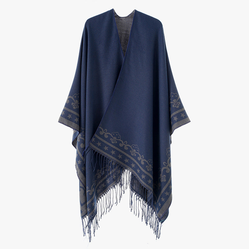Damen Überwurfponcho aus Wollmix mit dezentem Jacquardbordüren‑Muster und Fransensaum – Montévia