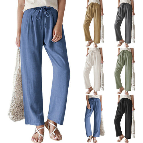 Damen nan lässige Leinenhose mit weitem Bein, elastischem Bund und Seitentaschen Echo Archiv