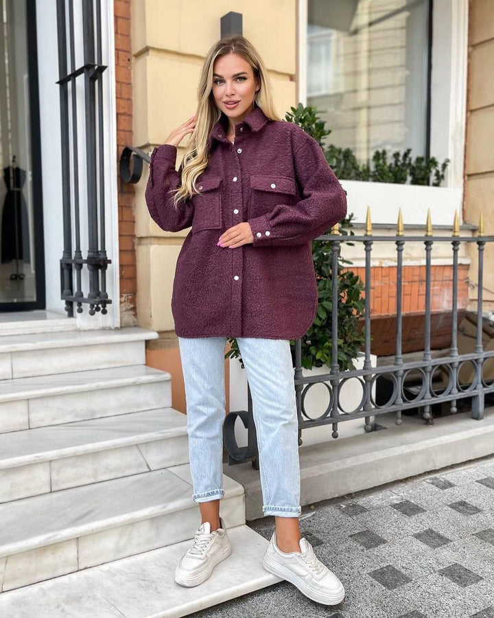 Damen Oversized Teddy-Übergangsjacke mit Brusttaschen und Druckknöpfen Echoarchiv