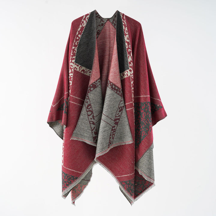 Damen Oversize Cape-Überwurf mit jacquardgewebten Patchmotiven und Fransensaum Echo Archiv