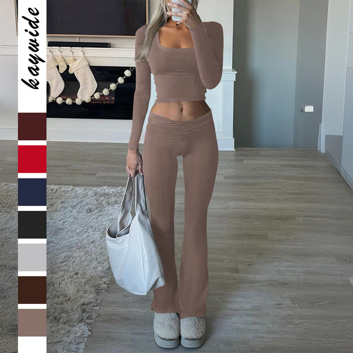 Damen figurbetontes Cropped-Set mit langärmeligem Top mit quadratischem Ausschnitt und ausgestellter High‑Waist Yoga-Hose – Avérine