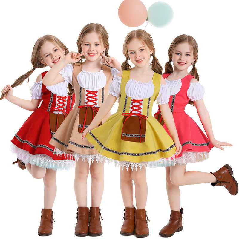Damen nan traditionelles Kinderdirndl mit Schnürmieder, Spitzenunterrock und dekorativer Schürze Echo Archiv
