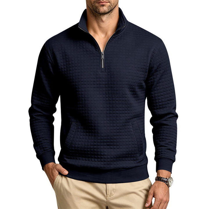 Herren Strukturiertes Stehkragen-Halbzip-Sweatshirt mit Karomuster und Kängurutasche Echoarchiv
