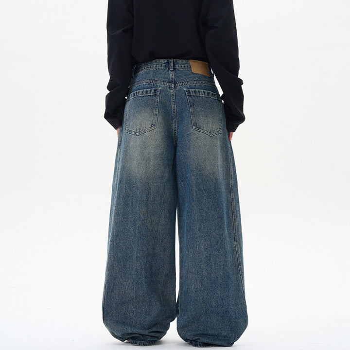 Damen Ultraweite hochgeschnittene Jeans-Palazzohose aus Vintage-Jeansstoff mit tiefem Schritt und skulpturaler Nahtführung Echo Archiv