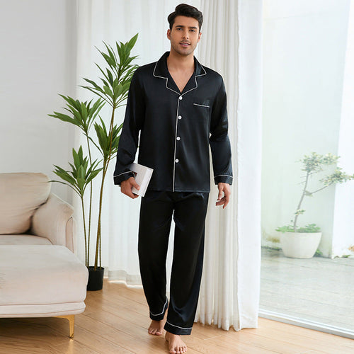 Herren Satin Schlafanzug-Set mit klassischem Kragen und eleganten Kontrastnähten – Marzano