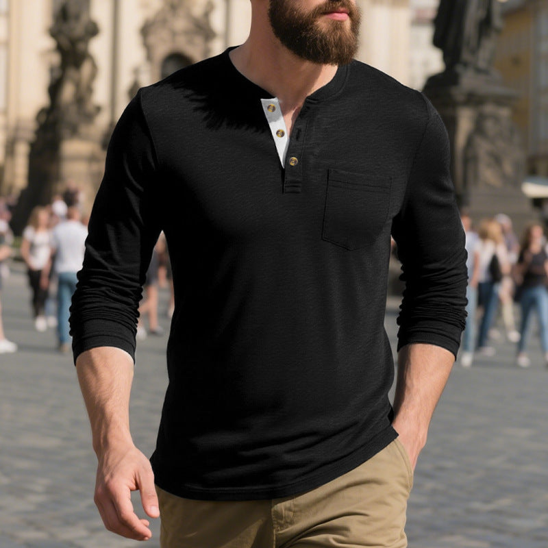 Herren Langarm-Henley-Shirt aus weichem Baumwollmix mit praktischer Brusttasche Echoarchiv