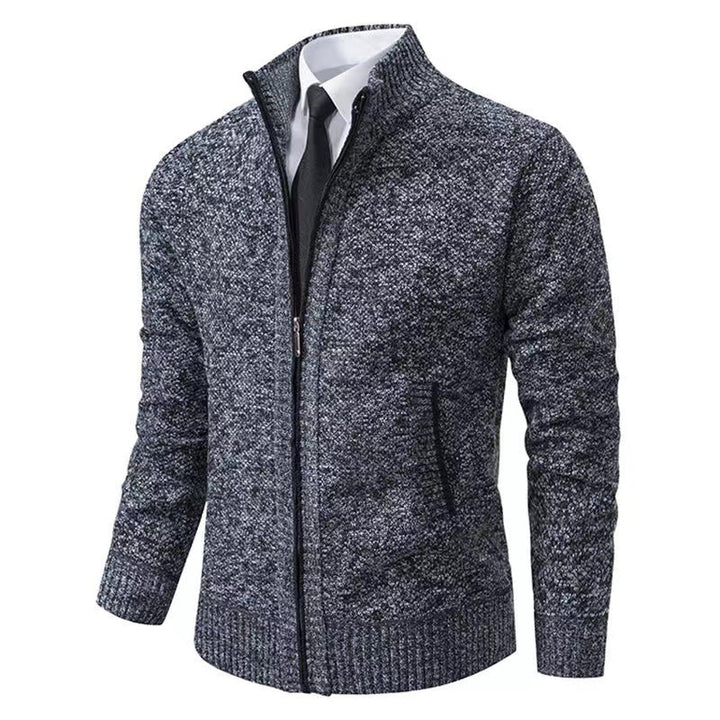 Herren nan melierte Strickzipjacke mit hohem Stehkragen, feiner Struktur und verdeckten Eingrifftaschen Echo Archiv