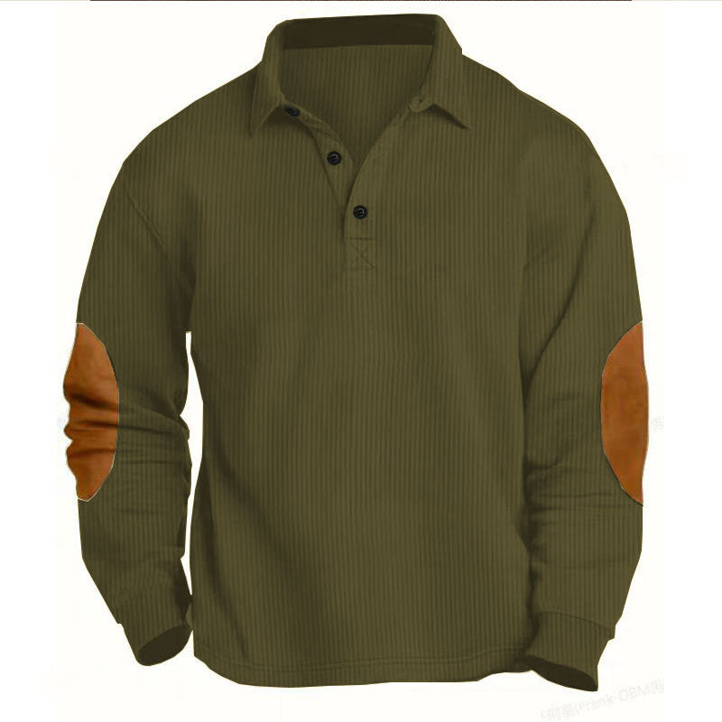Herren nan legeres Langarm-Poloshirt mit Hemdkragen, kurzer Knopfleiste, feiner Struktur und Velours-Ellenbogenbesatz Echo Archiv