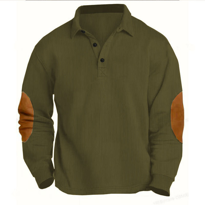Herren nan legeres Langarm-Poloshirt mit Hemdkragen, kurzer Knopfleiste, feiner Struktur und Velours-Ellenbogenbesatz Echo Archiv