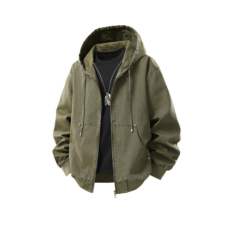 Herren Oversize Kapuzenjacke aus gewaschenem Canvas mit Reißverschluss und Utility-Taschen Echo Archiv