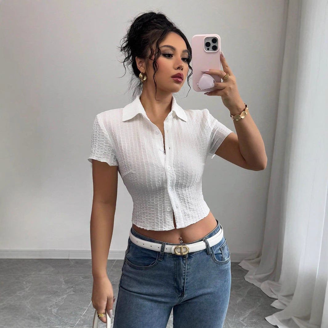 Damen nan taillierte bauchfreie Kurzbluse mit Kreppstruktur Hemdkragen und Knopfleiste Echo Archiv