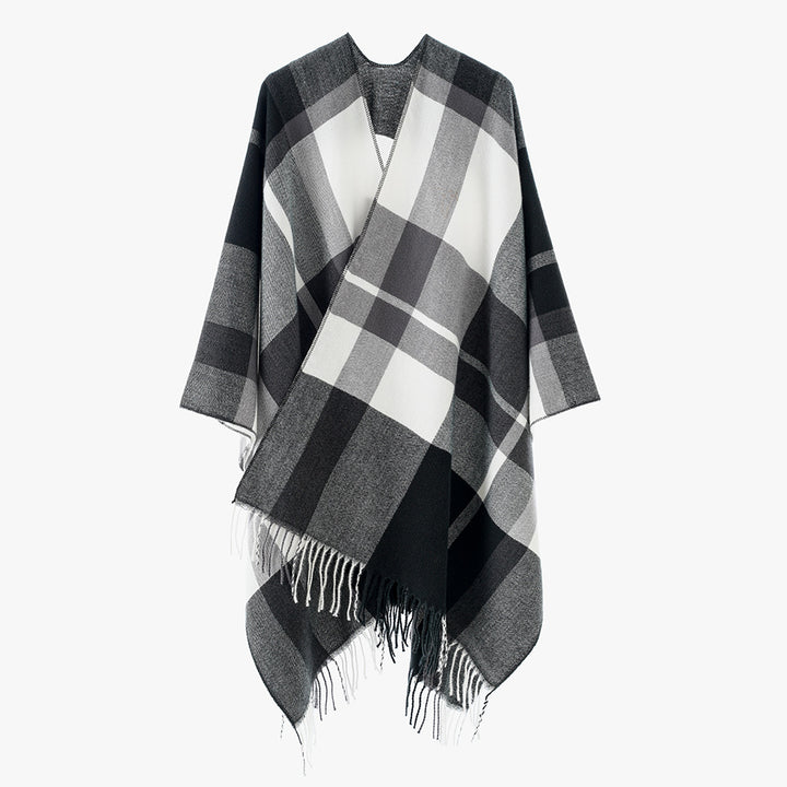 Damen Oversize-Karoponcho aus weichem Wollmix mit Fransensaum – Célinea