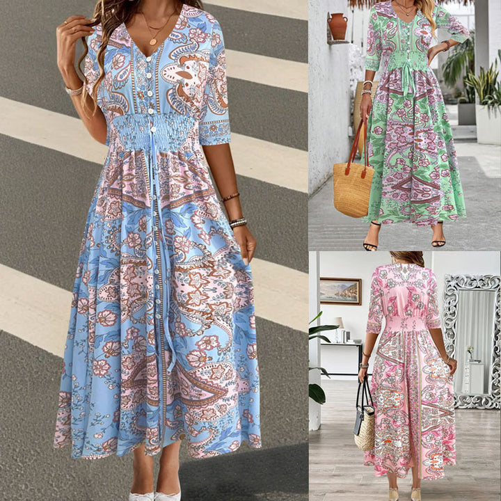 Damen Maxikleid mit Paisley‑Print, V‑Ausschnitt, Smok‑Taillenband und 3/4‑Ärmeln – Valéora
