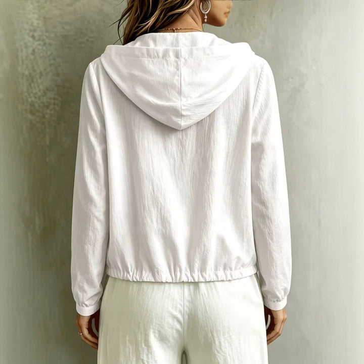 Damen Leichte Kapuzenbluse aus Baumwollcrinkle mit Knopfleiste und Tunnelzugsaum – Élovi