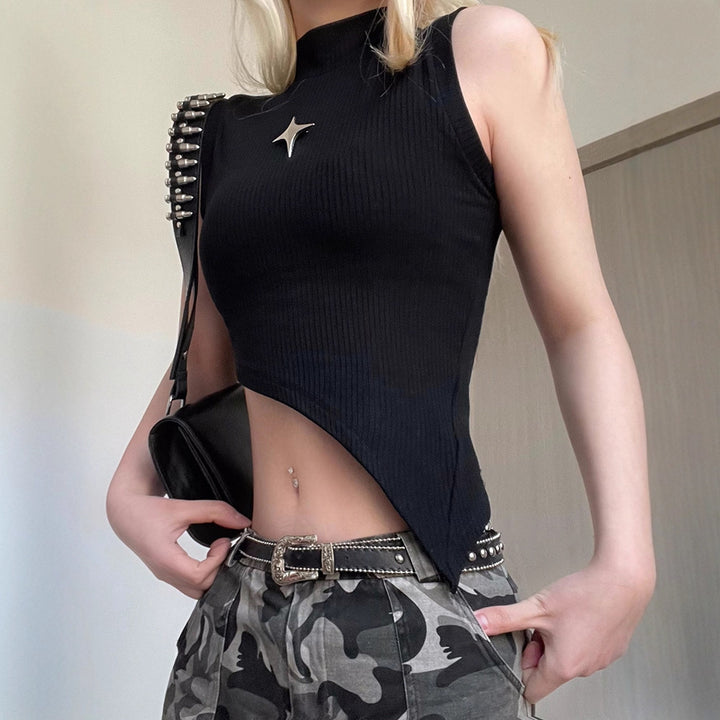 Damen modernes asymmetrisches Oberteil mit elegantem Stehkragen und metallischen Akzenten Echo Archiv