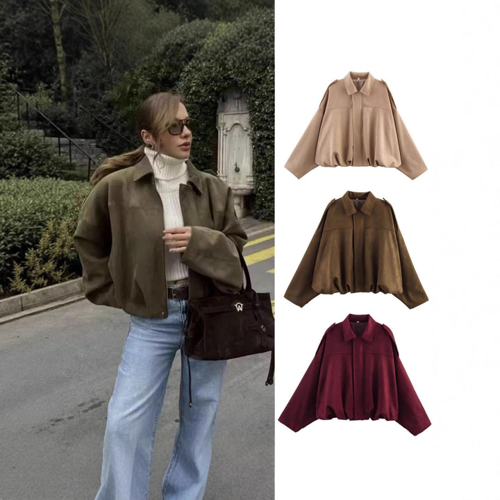 Damen Cropped Boxy Wildleder-Look Bomberjacke mit Epauletten-Schultern Echoarchiv