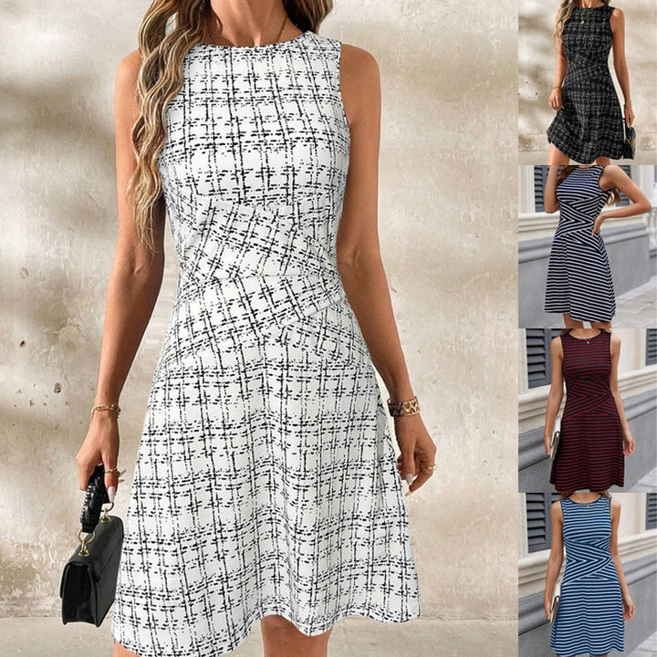 Damen Ärmelloses tailliertes A-Linien Kleid mit Rundhalsausschnitt und grafischem Karomuster Echo Archiv
