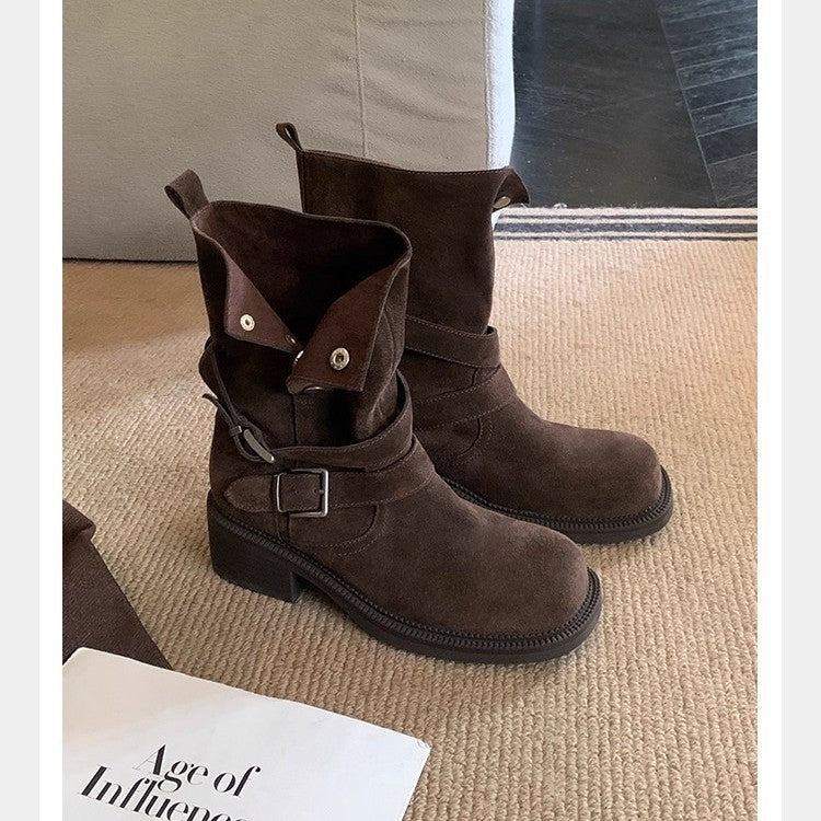 Damen Veloursleder-Bikerstiefel mit Schnallen und mittlerem Blockabsatz Echo Archiv