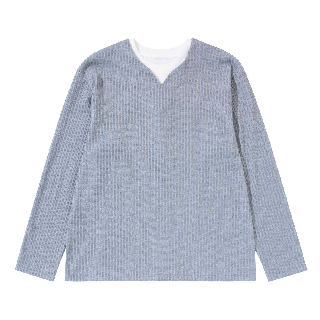 Unisex Gerippter Langarmpullover mit V-Notch und eingesetztem Rundhals-Underlayer Echoarchiv
