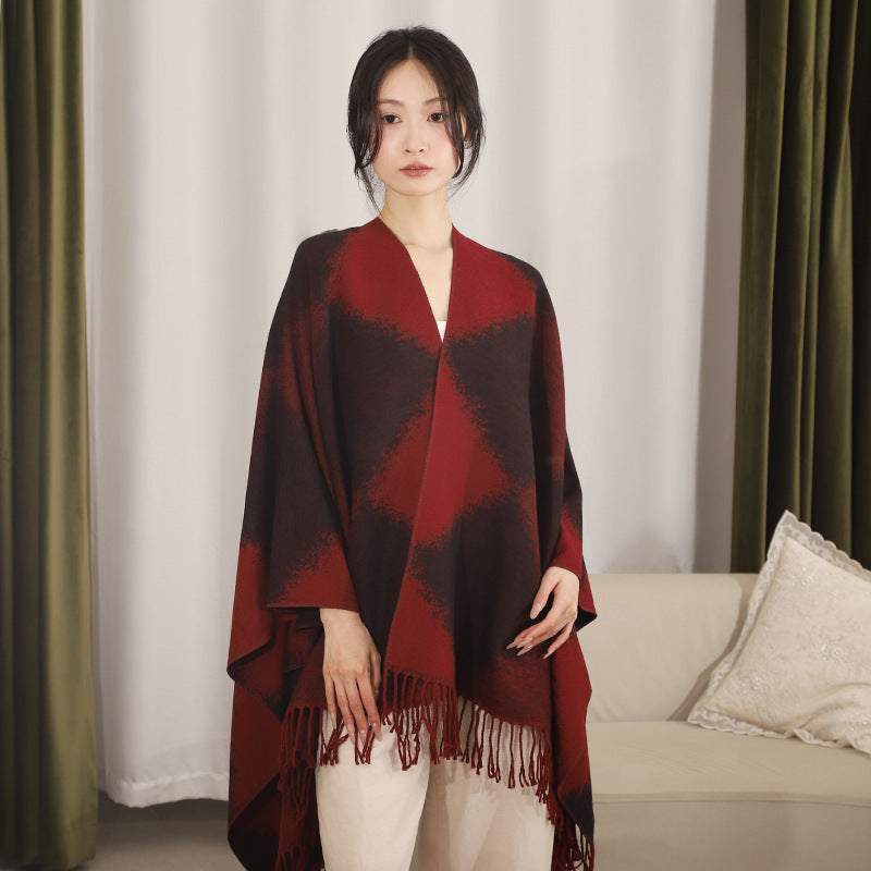 Damen Oversize-Poncho aus Wollmix mit verwaschenem Karo und Fransensaum – Avérine