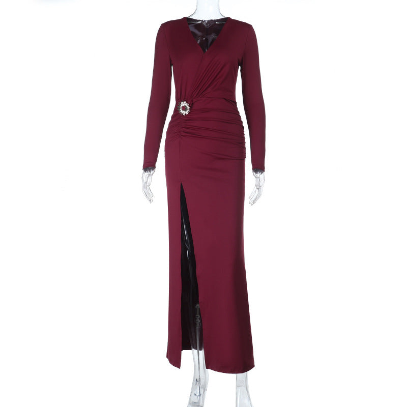 Damen elegantes langärmliges Abendkleid mit Raffung und hohem Schlitz Echo Archiv