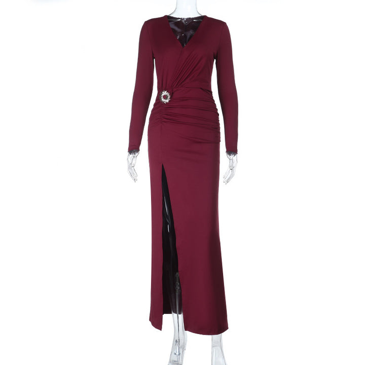 Damen elegantes langärmliges Abendkleid mit Raffung und hohem Schlitz Echo Archiv