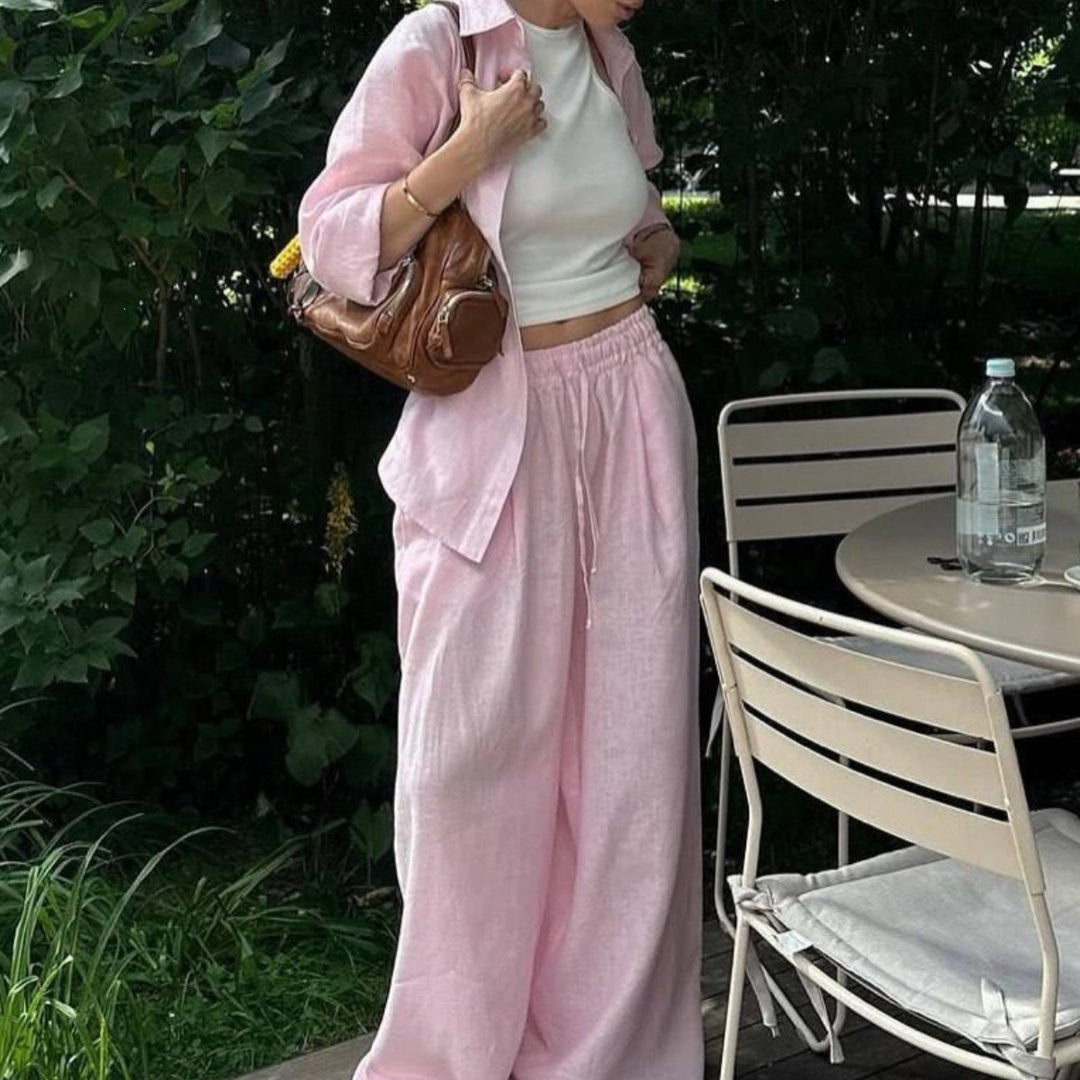 Damen nan luftiges Leinen-Loungeset mit Oversize-Hemd und weiter Bundhose mit Gummizug Echo Archiv