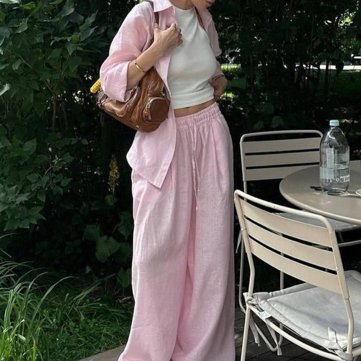 Damen nan luftiges Leinen-Loungeset mit Oversize-Hemd und weiter Bundhose mit Gummizug Echo Archiv