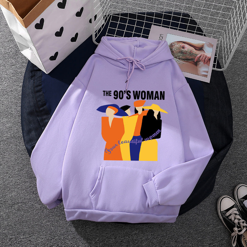 Damen weit geschnittener Kapuzenpullover mit Neunzigerjahre-Illustrationsprint, angerautem Fleece und Kängurutasche – Auréline