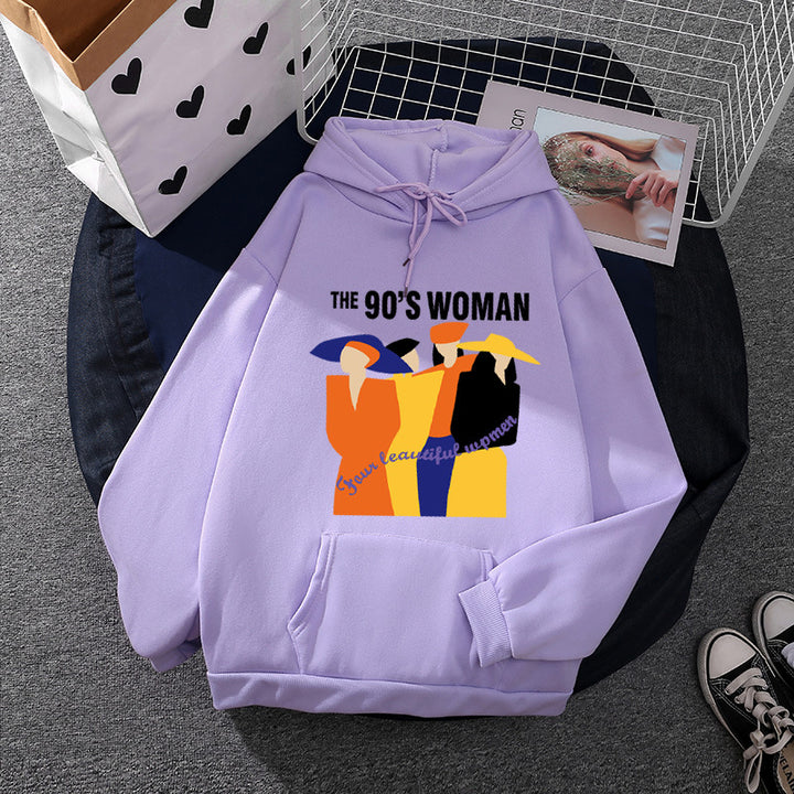 Damen weit geschnittener Kapuzenpullover mit Neunzigerjahre-Illustrationsprint, angerautem Fleece und Kängurutasche – Auréline