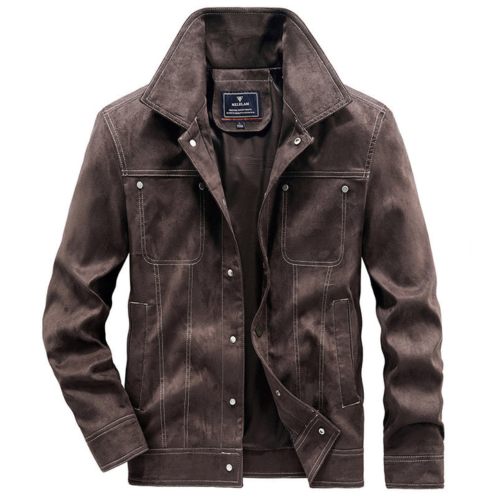 Herren Wildleder-Truckerjacke mit Druckknöpfen und Kontrastnähten Echo Archiv