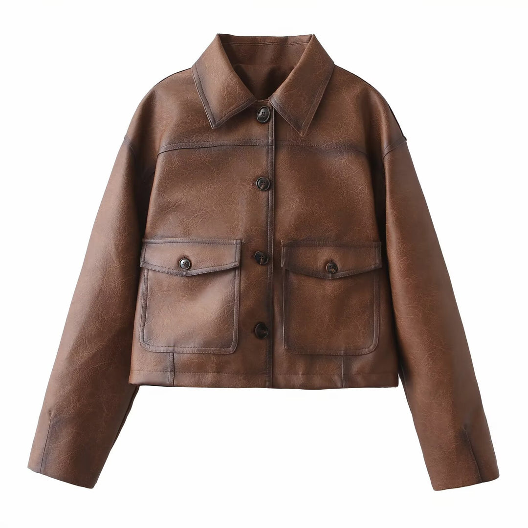 Damen Kurze Oversize-Lederimitatjacke mit Hemdkragen und aufgesetzten Pattentaschen Echo Archiv
