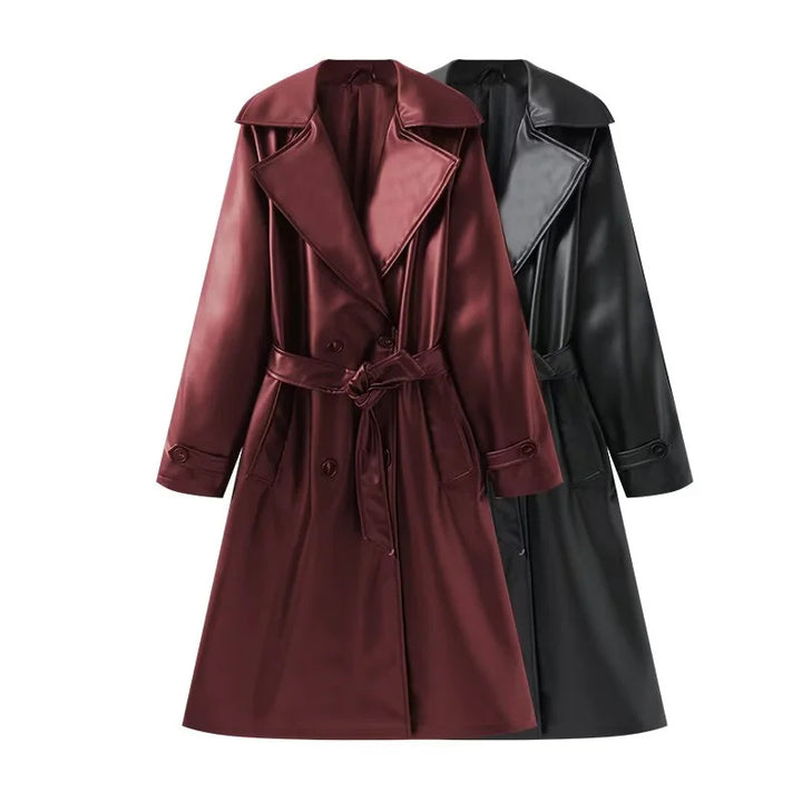 Damen lang geschnittener Trenchcoat aus veganem Lederimitat mit weitem Schalkragen und Bindegürtel – Montévia