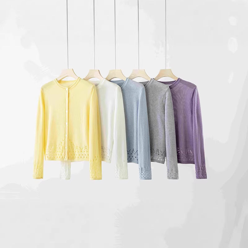 Damen Feiner Feinstrick-Cardigan mit Ajourmuster am Saum und Rundhalsausschnitt Echo Archiv