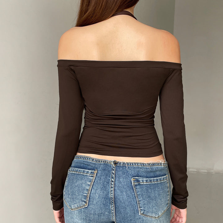 Damen Kurzgeschnittenes Schulterfreies Longsleeve mit Neckholder, Brustraffung und BindEcho Archivand – Avérine